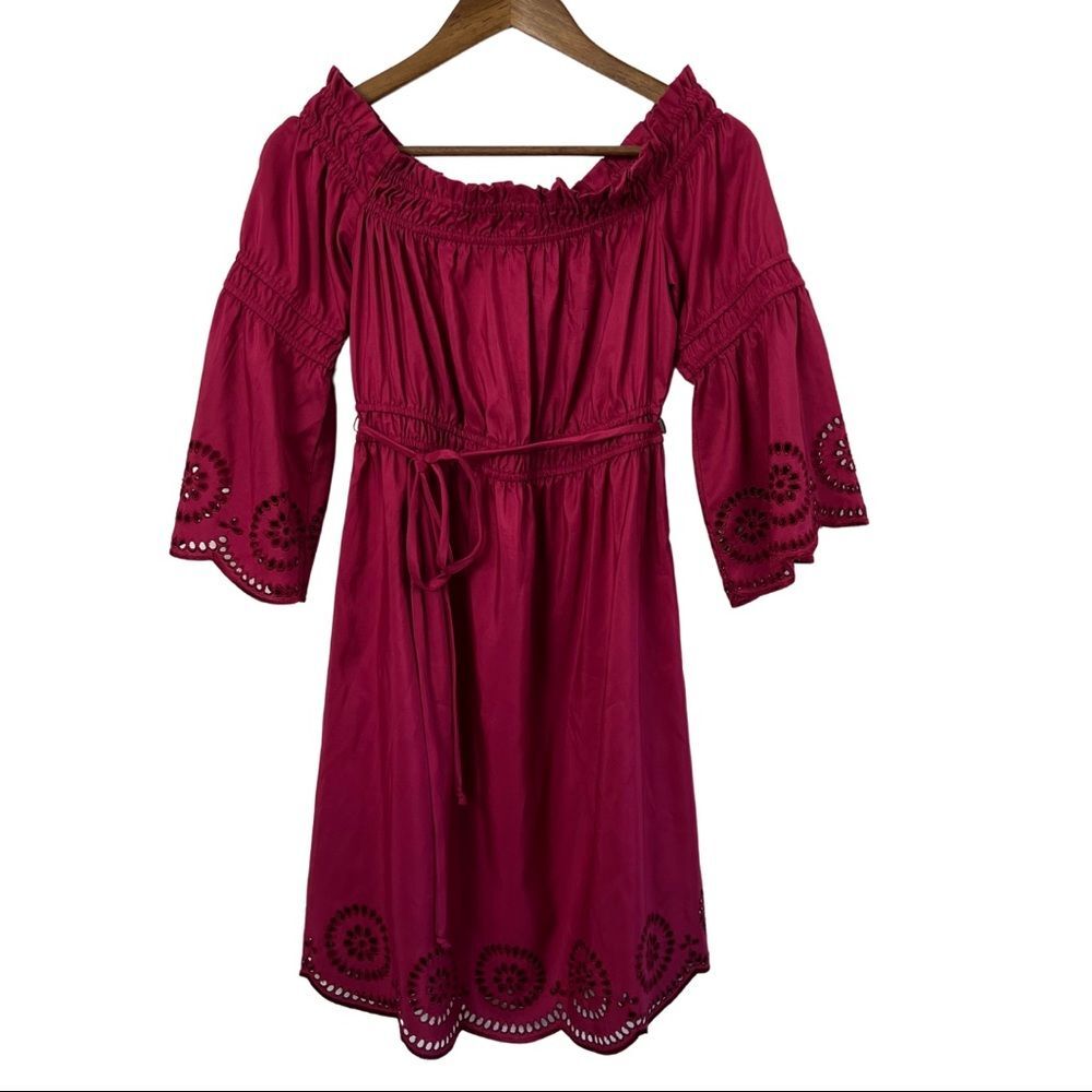 VENUS Off Shoulder Eyelet Dress Bell Sleeve Boho Crochet Mini Dress Size 6